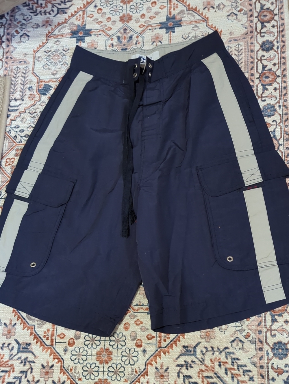 Arizona Jean Company Men's Navy Cargo Shorts with Light Gray Stripes